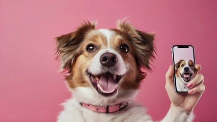 a playful dog taking a selfie, its paw poised over a camera, against an isolated pink background with a blurred backdrop, capturing the joy and spontaneity of modern pet