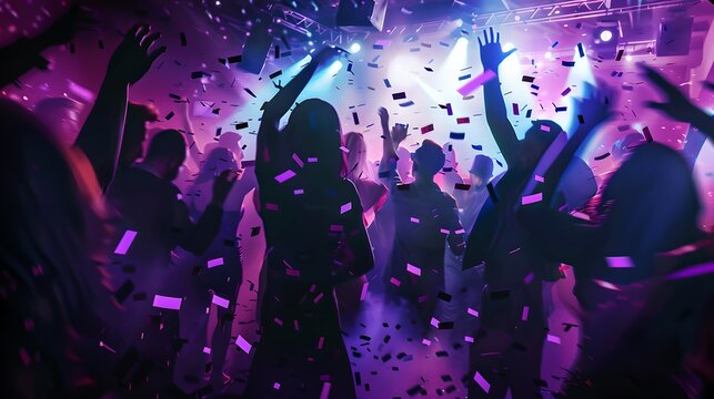 Energetic crowd enjoying a vibrant party atmosphere. Colorful lights and dynamic composition in a nightclub scene. Lively music event captured in still image. AI