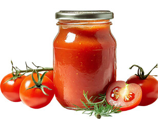 Przecier pomidorowy w słoiku otoczony pomidorami na przezroczystym tle - obrazy, fototapety, plakaty