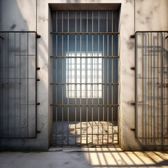 Window in a prison with old bars. View from a prison cell.