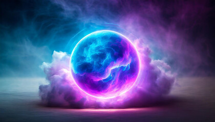 Abstract magical round energy sphere. Glowing ball. Neon blue and pink clouds on backdrop.