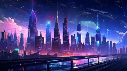 Night city panorama with highway and illuminated skyscrapers. Vector illustration