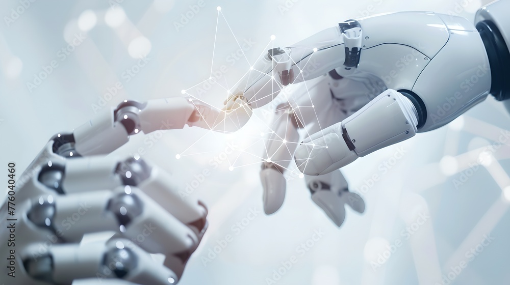 Poster futuristic robotic hand touch symbolizing human-ai interaction. conceptual technology image with a m