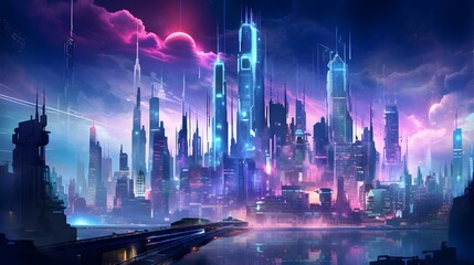 Futuristic city panorama with skyscrapers at night.