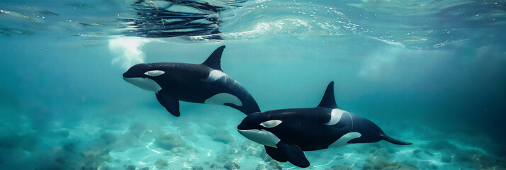 Orca whales in the water - obrazy, fototapety, plakaty