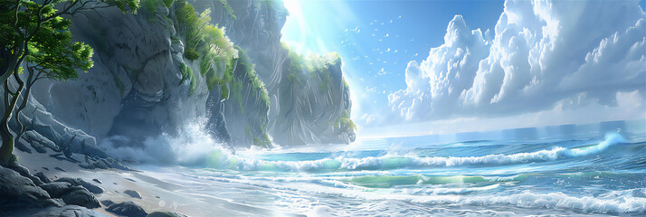 waterfall in the mountains with sea and beach - Powered by Adobe