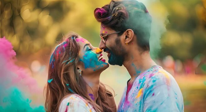 Cheerful young Indian couple in love playing with colorful powder color or celebrating holi festival at park and kissing