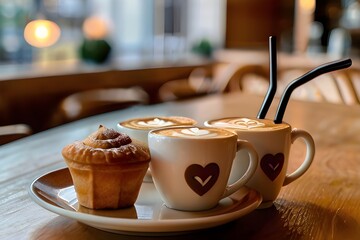 A cozy cafe scene, with a heart-shaped latte art design on a cup of coffee, surrounded by freshly baked pastries and a warm atmosphere. - obrazy, fototapety, plakaty