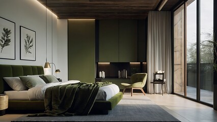 modern bedroom with green pillows on the bed, interior design concept