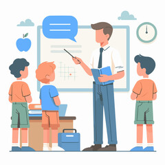 male teacher explaining a lesson in front of students in flat design style