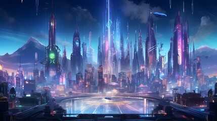 Futuristic city at night with neon lights and futuristic cityscape - obrazy, fototapety, plakaty