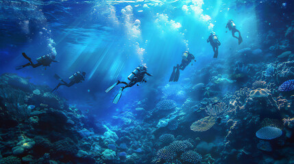 Fototapeta na wymiar a groupscuba diver and coral reef