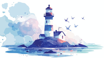 Watercolor print with lighthouse on the white backg - obrazy, fototapety, plakaty