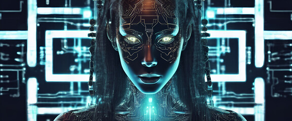 Artificial Intelligence and Human Zombies, a robot face surrounded by circuit board lines with glowing lights on a dark background, in the Digital Art Style. 