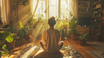 Person meditating in a sun-drenched home filled with houseplants