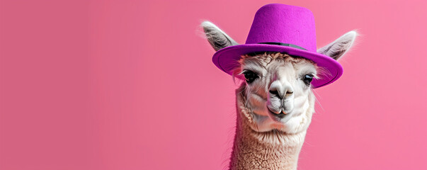 Fototapeta premium Llama wearing a bright purple hat on a pink background.