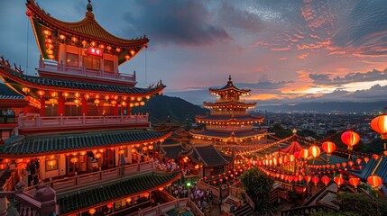 Fototapeta na wymiar Dusk Falls over an Ornate Chinese Temple with Traditional Lanterns and Pagoda