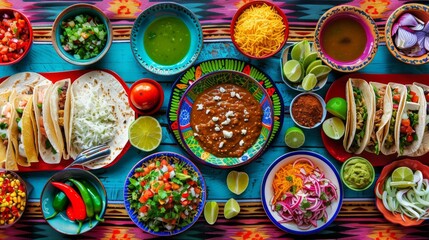 Fototapeta premium Diverse Mexican Cuisine Spread on Blue Textured Surface with Hands Sharing the Meal