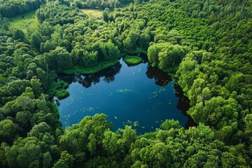 A lush green lake is seen from above, encircled by dense trees in a nature reserve, highlighting the rich biodiversity of the area - obrazy, fototapety, plakaty