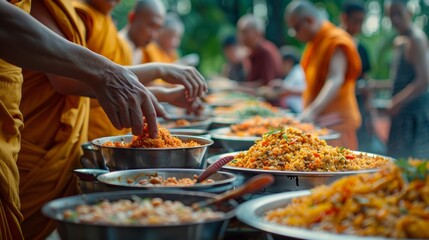 Vibrant Alms Giving Ceremony with Monks Receiving Food, Rich Tradition of Generosity - obrazy, fototapety, plakaty