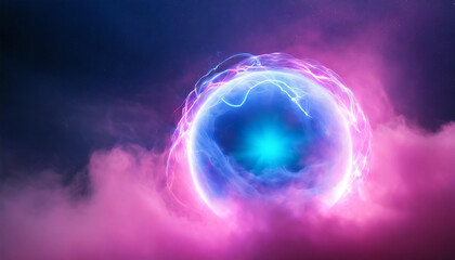 Obraz premium Abstract magical round energy sphere. Glowing ball. Neon blue and pink clouds on backdrop.