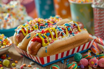 A pair of hot dogs placed on a bun, covered in colorful confetti, creating a festive and playful scene