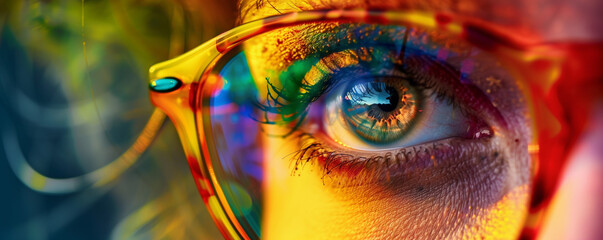 Close-up of an eye with colorful eyewear reflecting light.