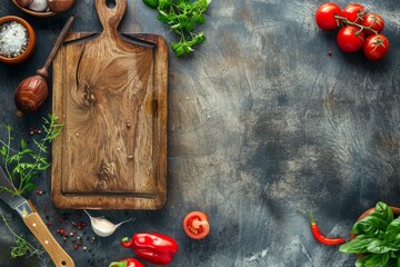 A wooden cutting board is surrounded by an assortment of fresh vegetables ready to be chopped and prepared for cooking - Powered by Adobe