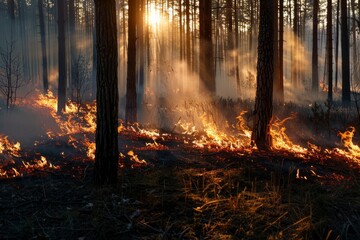 A forest in flames during early morning hours as fire engulfs numerous trees in a fierce blaze