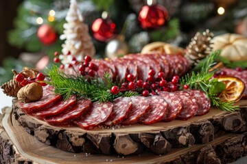 A festive holiday spread showcasing salami slices and assorted fruits arranged on a decorative wooden platter