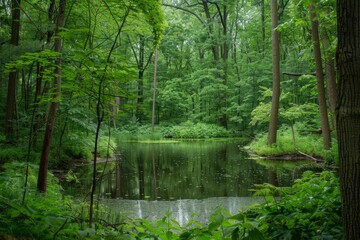 A pond nestled amidst lush trees in a dense forest