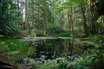 A pond nestled within a dense forest, surrounded by tall trees and lush greenery