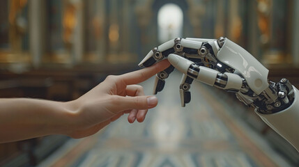 Human hand touching a robot hand, symbolizing AI-human interaction and future technology, with a blurred background.
