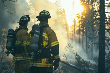 Two firefighters in protective gear stand in front of a forest fire, ensuring safety protocols are followed during a controlled burn operation