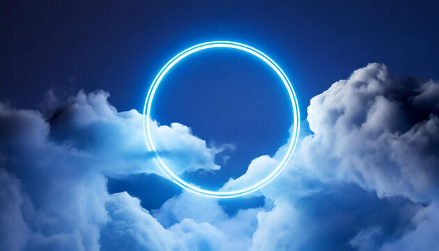 Blue neon light geometric round frame in illuminated stormy clouds with copy space. 3D rendering.