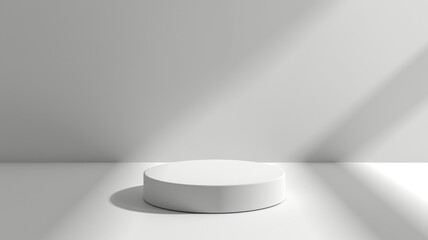 Minimalist white podium with dynamic soft light rays, suitable for product presentation.