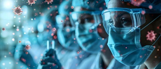 Scientists in masks study viruses to protect public health. Concept Virology research, Public health protection, Scientific studies, Virus transmission prevention, Mask wearing in labs
