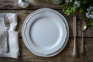 A white porcelain plate and silverware neatly arranged on a wooden table, ready for a meal