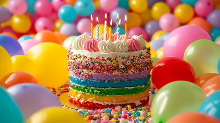 Delightful Birthday Cake Surrounded by Vibrant Celebratory Balloons - obrazy, fototapety, plakaty