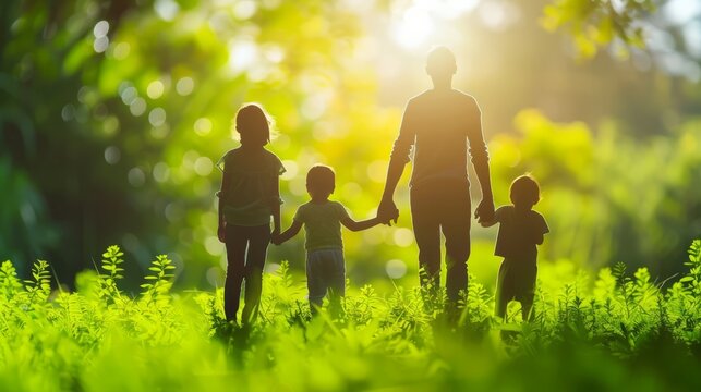 single parent father with three child silhouette in the park