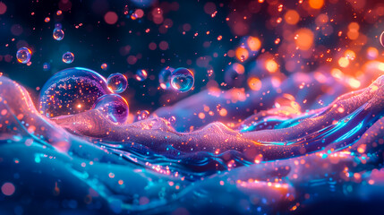 Dynamic and exciting liquid formations of bubbles, droplets and waves, pink, blue and orange, abstract background