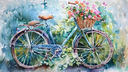 Eco-Friendly Vintage Bicycle in Lush Garden with Floral Basket Watercolor Painting