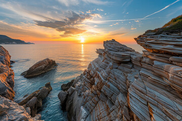 A beautiful seascape with a unique rock structure during the sunrise