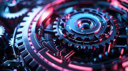 Futuristic Mechanical Gears Glowing with Neon Lights,Blending Cybernetic Aesthetics in a High-Tech Industrial Background
