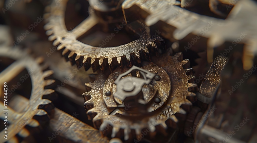 Poster meshing gears and rustic wooden cogs - contrast of old and new engineering
