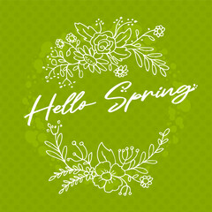 Green dotted  background with hand drawn flower ornaments and the words hello spring