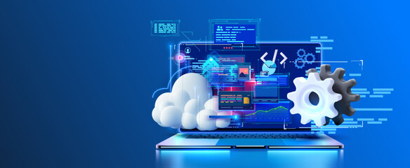 Futuristic Cloud Computing and Network Interface on Laptop Screen. A modern laptop displaying a dynamic cloud computing interface with intricate network connections and cogwheels. Vector - obrazy, fototapety, plakaty