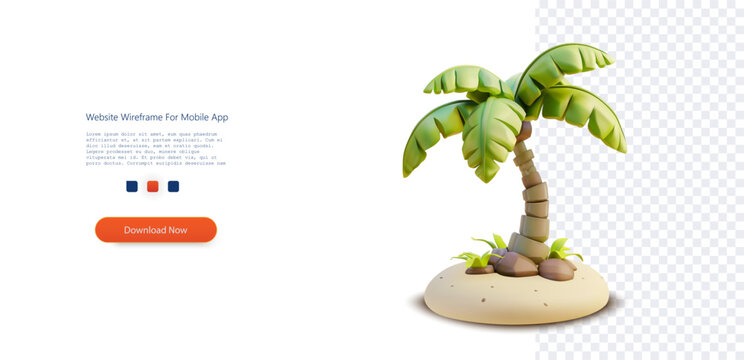 Tropical Palm Tree on a Sandy Island Illustration. Stylized 3D render of a vibrant palm tree on a small sandy island, isolated on a transparent background, embodying a tropical paradise. Vector