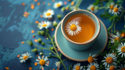 Cup of herbal tea with chamomile flowers on a blue textured background. - obrazy, fototapety, plakaty