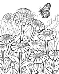 Butterfly and Flowers Coloring Page